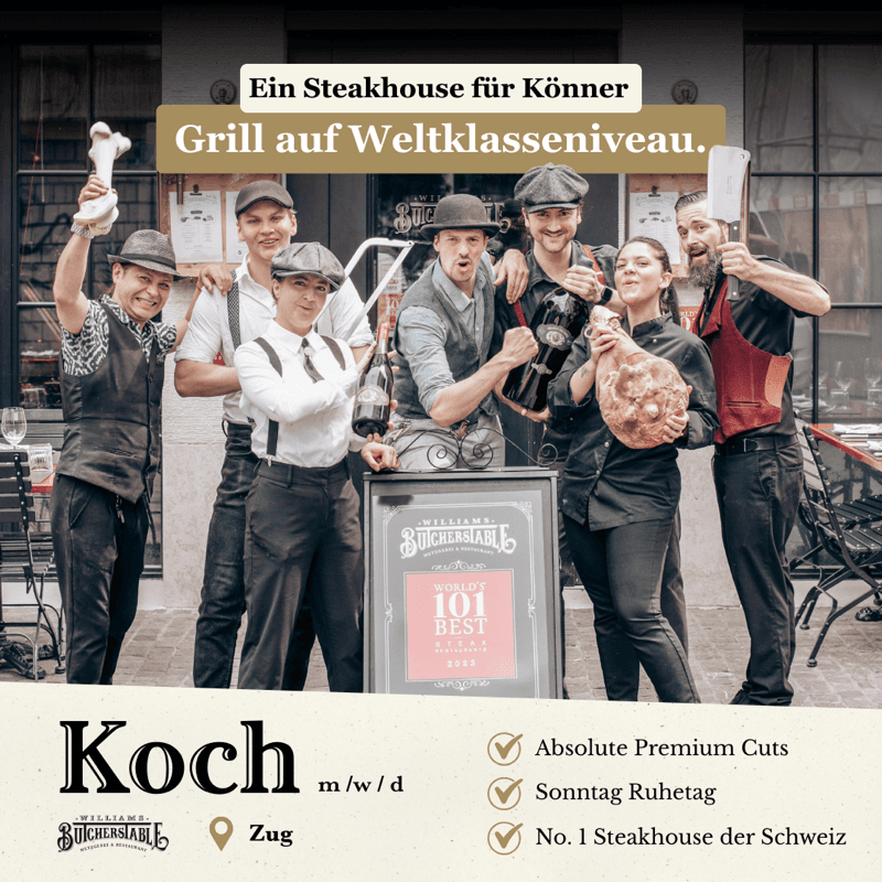 Werbeanzeige Koch, Service und Betriebsleitung, William's Butcher's Table